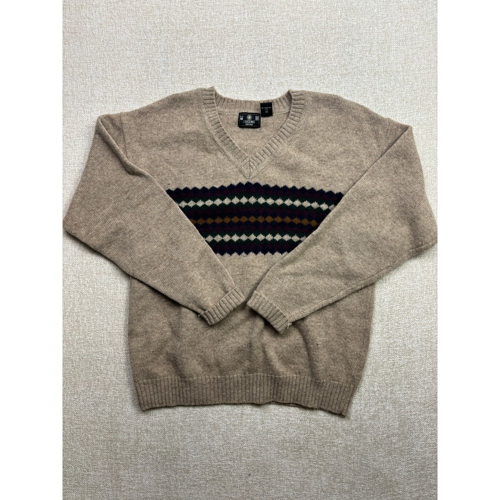 Vintage J. Riggins Sportswear Men XL Wool V-Neck Sweater Tan Fair Isle Geometric